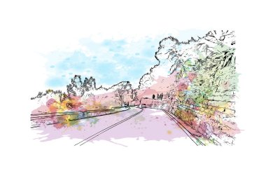 Print Building view with landmark of Imperia is the city in Italy. Vektörde elle çizilmiş resim ile suluboya sıçraması.