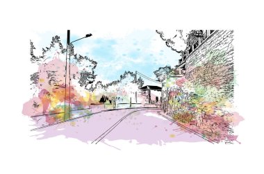 Print Building view with landmark of Imperia is the city in Italy. Vektörde elle çizilmiş resim ile suluboya sıçraması.