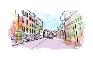 Print Building view with landmark of Imperia is the city in Italy. Vektörde elle çizilmiş resim ile suluboya sıçraması.