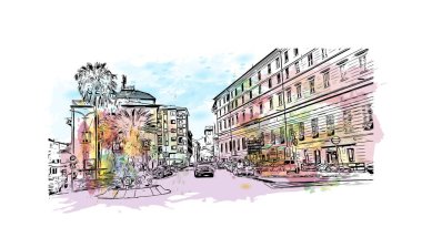 Print Building view with landmark of Imperia is the city in Italy. Vektörde elle çizilmiş resim ile suluboya sıçraması.