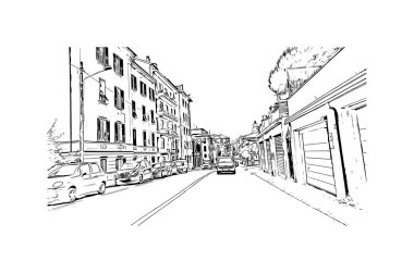 Print Building view with landmark of Imperia is the city in Italy. Vektörde elle çizilmiş çizim çizimi.