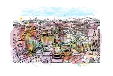 Indianapolis 'in simgesi olan Print Building View, Indiana' da bulunan bir şehirdir. Vektörde elle çizilmiş resim ile suluboya sıçraması.