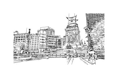Indianapolis 'in simgesi olan Print Building View, Indiana' da bulunan bir şehirdir. Vektörde elle çizilmiş çizim çizimi.