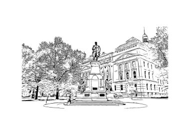 Indianapolis 'in simgesi olan Print Building View, Indiana' da bulunan bir şehirdir. Vektörde elle çizilmiş çizim çizimi.