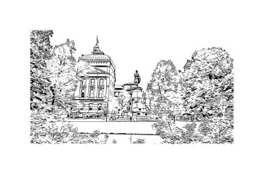 Indianapolis 'in simgesi olan Print Building View, Indiana' da bulunan bir şehirdir. Vektörde elle çizilmiş çizim çizimi.