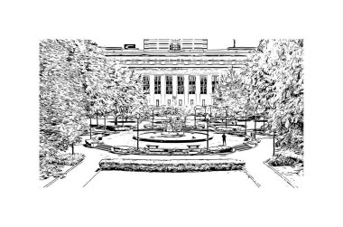 Indianapolis 'in simgesi olan Print Building View, Indiana' da bulunan bir şehirdir. Vektörde elle çizilmiş çizim çizimi.