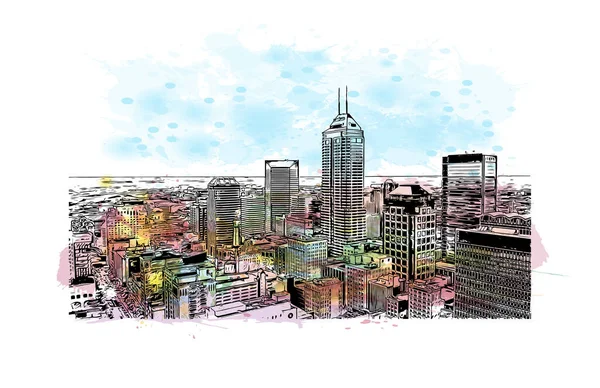 Indianapolis 'in simgesi olan Print Building View, Indiana' da bulunan bir şehirdir. Vektörde elle çizilmiş resim ile suluboya sıçraması.
