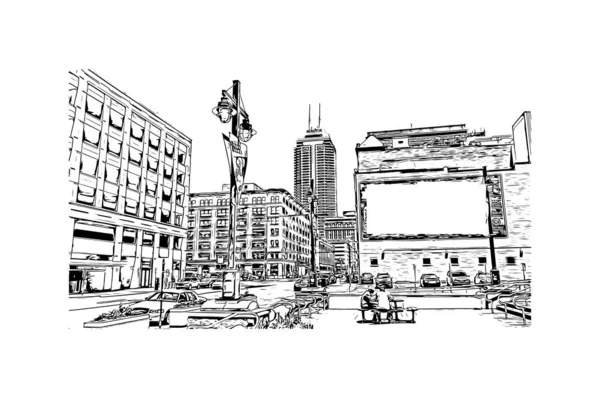 インディアナポリスのランドマークと印刷建物のビューは インディアナ州の都市です 手描きのスケッチ図ベクトル — ストックベクタ