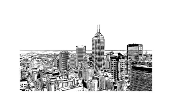 Stampa Vista Edificio Con Punto Riferimento Indianapolis Città Indiana Illustrazione — Vettoriale Stock