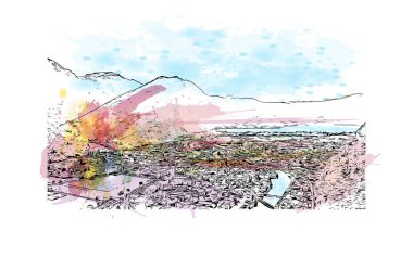 Interlaken, İsviçre 'de yer alan bir şehirdir. Vektörde elle çizilmiş resim ile suluboya sıçraması.