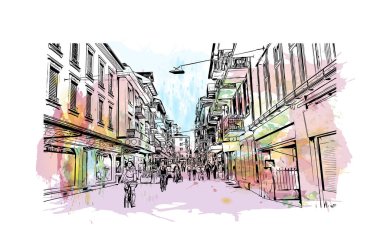 Interlaken, İsviçre 'de yer alan bir şehirdir. Vektörde elle çizilmiş resim ile suluboya sıçraması.