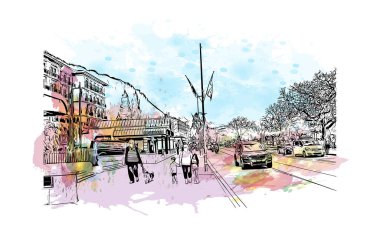 Interlaken, İsviçre 'de yer alan bir şehirdir. Vektörde elle çizilmiş resim ile suluboya sıçraması.