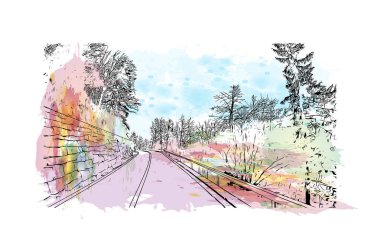 Interlaken, İsviçre 'de yer alan bir şehirdir. Vektörde elle çizilmiş resim ile suluboya sıçraması.