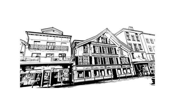 Print Building View Landmark Interlaken Cidade Suíça Desenho Desenhado Mão — Vetor de Stock