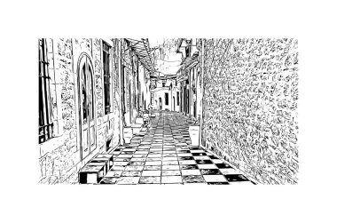 Print Building view with landmark of Ioannina is the city in Greece. Vektörde elle çizilmiş çizim çizimi.