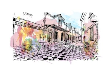 Print Building view with landmark of Ioannina is the city in Greece. Vektörde elle çizilmiş resim ile suluboya sıçraması.