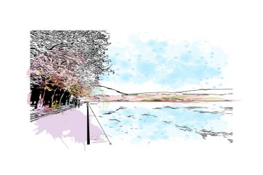 Print Building view with landmark of Ioannina is the city in Greece. Vektörde elle çizilmiş resim ile suluboya sıçraması.