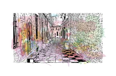 Print Building view with landmark of Ioannina is the city in Greece. Vektörde elle çizilmiş resim ile suluboya sıçraması.