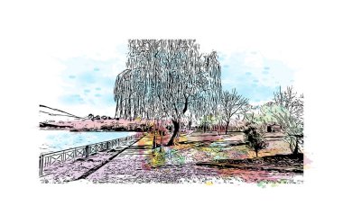 Print Building view with landmark of Ioannina is the city in Greece. Vektörde elle çizilmiş resim ile suluboya sıçraması.