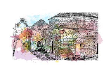 Print Building view with landmark of Ioannina is the city in Greece. Vektörde elle çizilmiş resim ile suluboya sıçraması.