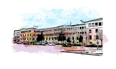 Print Building view with landmark of Ioannina is the city in Greece. Vektörde elle çizilmiş resim ile suluboya sıçraması.