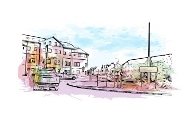 Inverness, İskoçya 'da bir şehirdir. Vektörde elle çizilmiş resim ile suluboya sıçraması.