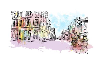 Inverness, İskoçya 'da bir şehirdir. Vektörde elle çizilmiş resim ile suluboya sıçraması.