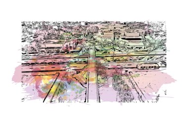 Baskı binası manzarası Irvine 'ın simgesi olan Kaliforniya' da bir şehirdir. Vektörde elle çizilmiş resim ile suluboya sıçraması.