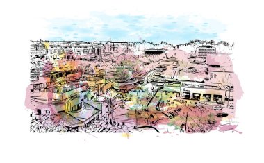 Baskı binası manzarası Irvine 'ın simgesi olan Kaliforniya' da bir şehirdir. Vektörde elle çizilmiş resim ile suluboya sıçraması.