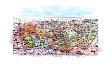 Baskı binası manzarası Irvine 'ın simgesi olan Kaliforniya' da bir şehirdir. Vektörde elle çizilmiş resim ile suluboya sıçraması.