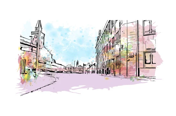 Print Building View Landmark Inverness City Scotland Watercolor Splash Hand — Image vectorielle