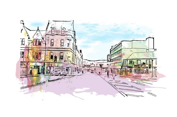 Print Building View Landmark Inverness City Scotland Watercolor Splash Hand — Archivo Imágenes Vectoriales