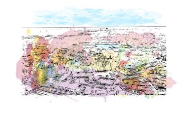 Baskı binası manzarası Irvine 'ın simgesi olan Kaliforniya' da bir şehirdir. Vektörde elle çizilmiş resim ile suluboya sıçraması.