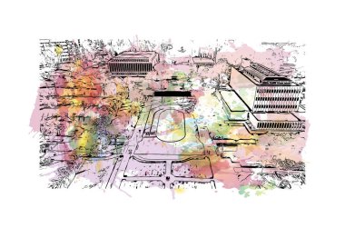 Baskı binası manzarası Irvine 'ın simgesi olan Kaliforniya' da bir şehirdir. Vektörde elle çizilmiş resim ile suluboya sıçraması.