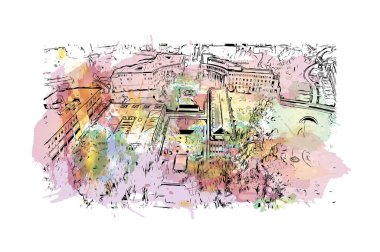 Baskı binası manzarası Irvine 'ın simgesi olan Kaliforniya' da bir şehirdir. Vektörde elle çizilmiş resim ile suluboya sıçraması.