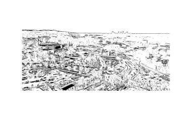 Baskı binası manzarası Irvine 'ın simgesi olan Kaliforniya' da bir şehirdir. Vektörde elle çizilmiş çizim çizimi.