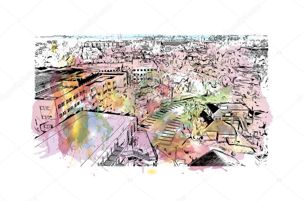 Print  Building view with landmark of Irvine is the city in California. Watercolor splash with hand drawn sketch illustration in vector.