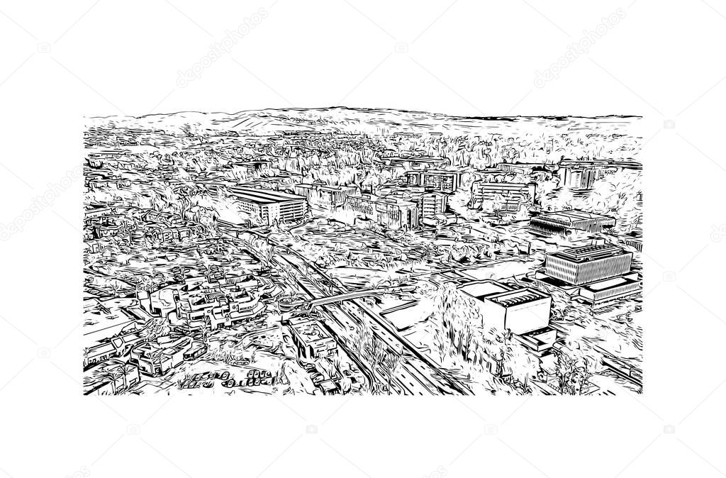 Print  Building view with landmark of Irvine is the city in California. Hand drawn sketch illustration in vector.