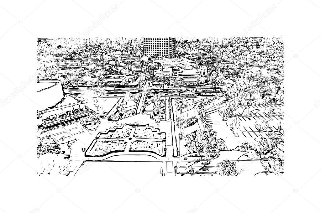 Print Building view with landmark of Irvine is the city in California. Hand drawn sketch illustration in vector.