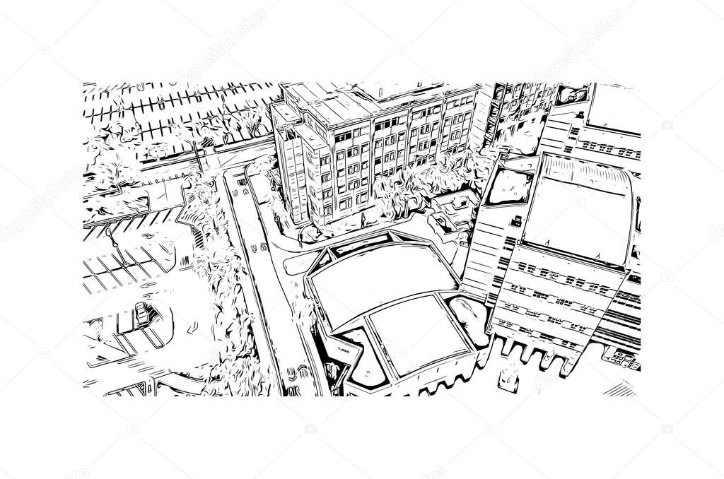 Print Building view with landmark of Irvine is the city in California. Hand drawn sketch illustration in vector.