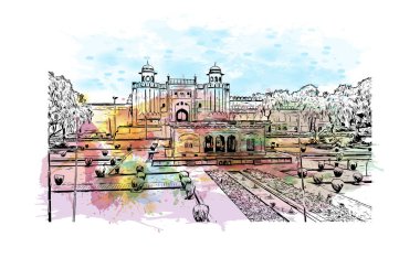 Lahor 'un simgesi olan Print Building View Pakistan' da yer almaktadır. Vektörde elle çizilmiş resim ile suluboya sıçraması.