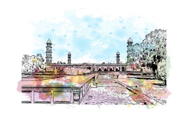 Lahor 'un simgesi olan Print Building View Pakistan' da yer almaktadır. Vektörde elle çizilmiş resim ile suluboya sıçraması.