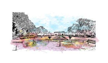 Lahor 'un simgesi olan Print Building View Pakistan' da yer almaktadır. Vektörde elle çizilmiş resim ile suluboya sıçraması.