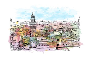 Lahor 'un simgesi olan Print Building View Pakistan' da yer almaktadır. Vektörde elle çizilmiş resim ile suluboya sıçraması.