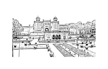 Lahor 'un simgesi olan Print Building View Pakistan' da yer almaktadır. Vektörde elle çizilmiş çizim çizimi.