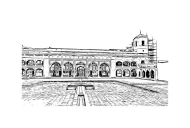 Lahor 'un simgesi olan Print Building View Pakistan' da yer almaktadır. Vektörde elle çizilmiş çizim çizimi.
