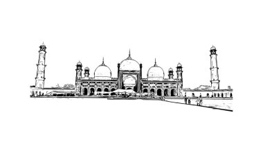 Lahor 'un simgesi olan Print Building View Pakistan' da yer almaktadır. Vektörde elle çizilmiş çizim çizimi.