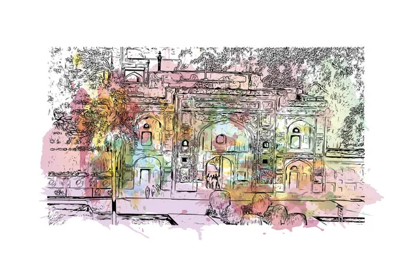 印刷ラホールのランドマークとビルの景色はパキスタンの街です 手描きのスケッチイラストと水彩スプラッシュベクトル — ストックベクタ