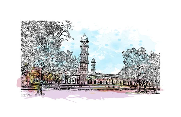 Print Building View Landmark Lahore Város Pakisztánban Akvarell Splash Kézzel — Stock Vector