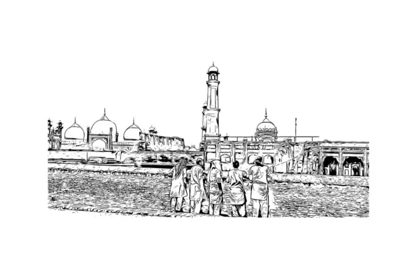 Print Building View Landmark Lahore Staden Pakistan Handritad Skiss Illustration — Stock vektor